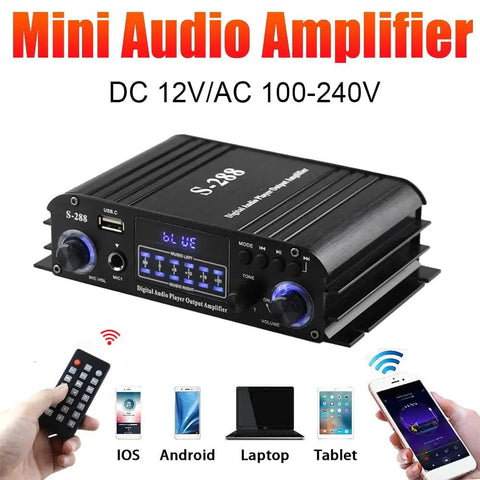 4 Channel Bluetooth 5.0 HiFi Power Amplifier With 50W Per Channel And 1200W Max For Home Theater Karaoke And Car Audio USB SD FM Receiver Class D With Remote And Power Adapter, showing mini audio amplifier with inputs and controls.