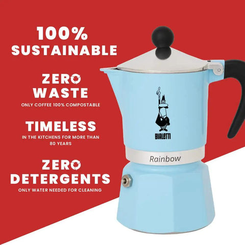 Rainbow Stovetop Espresso Maker Moka Pot For 3 Cups Aluminum Light Blue With Easy Pour Spout And Ergonomic Anti Scald Handle