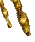 Close-up of Six Piece Drill Tap Set Three In One Combo Hex Shank Bits HSS 4341 Deburring Tapping Drilling Tool Kit Yellow
