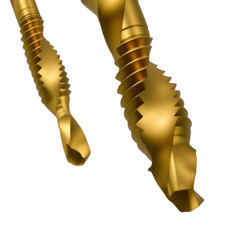 Close-up of Six Piece Drill Tap Set Three In One Combo Hex Shank Bits HSS 4341 Deburring Tapping Drilling Tool Kit Yellow