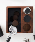 Top view of Wooden Coffee Tamping Stand Station 4 In 1 Tamper Holder With 1.5L Stainless Steel Slag Box 58mm Nonslip Tamp Tray