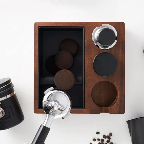 Top view of Wooden Coffee Tamping Stand Station 4 In 1 Tamper Holder With 1.5L Stainless Steel Slag Box 58mm Nonslip Tamp Tray