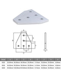 Technical diagram of 4 Piece 5 Hole T Shape Joint Board Plate Corner Angle Bracket For V Slot Aluminum Profiles 2020 3030.