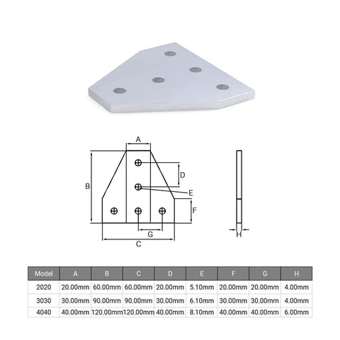 Technical diagram of 4 Piece 5 Hole T Shape Joint Board Plate Corner Angle Bracket For V Slot Aluminum Profiles 2020 3030.