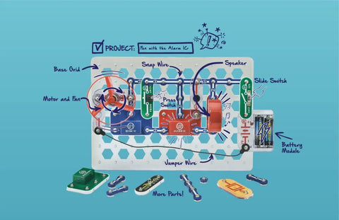 500 In 1 Electronics Exploration Kit From Snap Circuits Pro with labeled components like motor, fan, and speaker.