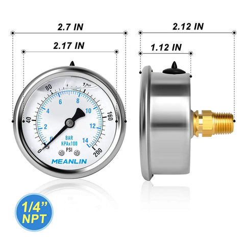 Front and side view of Tough Stainless Steel Liquid Filled Pressure Gauge 0-200 Psi, 2.5 Inch Dial, 1/4 NPT, Center Back Mount