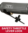 Safety throttle lever lock on the gray compact pneumatic right angle die grinder for secure operation.
