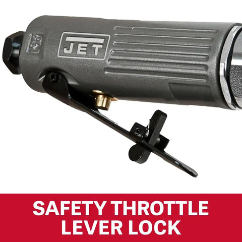 Safety throttle lever lock on the gray compact pneumatic right angle die grinder for secure operation.