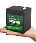 Hand holding 12V LiFePO4 Battery 6Ah Compact Deep Cycle Power Pack Ditch Lead Acid With 8A BMS For Fish Finder Alarm Light Ham Radio Solar UPS Long Life Lithium Iron Phosphate Rechargeable Cell
