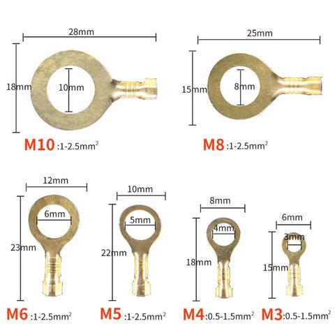 Top Shelf Heavy Duty Non Insulated Ring Terminals Solid Brass O Style Wire Connectors Pro Pack M3 Plus M4 M5 M6 M8 M10 image showing sizes M3 to M10