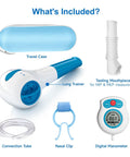 Image showing components of Digital Lung Trainer With App And Bluetooth, 6 Level Inhale Resistance, including travel case, trainer, tube.