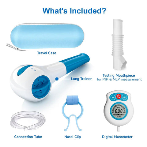 Image showing components of Digital Lung Trainer With App And Bluetooth, 6 Level Inhale Resistance, including travel case, trainer, tube.
