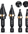 Durable Spiral Flute Step Drill Bit Set, DIY Friendly, 4 Piece HSS Unibit Range From One Eighth To Five Eighths Inch