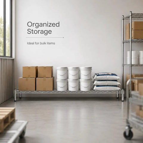 Must Have Heavy Duty Chrome Wire Storage Stand 14 By 54 By 14 Inches NSF Commercial Raised Shelving Unit For Foodservice Kitchens Restaurants Pantries Backrooms Organization And Stockroom Sorting. Chrome wire shelving with boxes, buckets, and bulk bags.