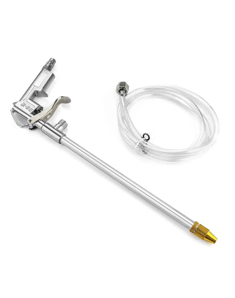 Heavy Duty Aluminum Pneumatic Spray Gun With Adjustable Nozzle Tip For High Pressure Cleaning, One Quarter Inch Inlet, displayed with hose