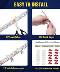 RV Awning Lights 16Ft 12V White LED Canopy Lighting install guide with scissors, tape, nuts, and hooks