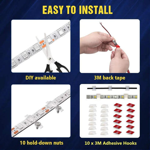 RV Awning Lights 16Ft 12V White LED Canopy Lighting install guide with scissors, tape, nuts, and hooks