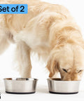 Golden retriever eating from Stainless Steel Dog Bowls With Non Slip Rubber Base Built To Last Food Grade 304 Heavy Duty Each Holds Four Cups Or Thirty Two Fluid Ounces Dishwasher Safe Rust Resistant BPA Free Great For Dogs And Cats Set Of Two Black