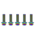 Five rainbow titanium flanged hex bolts, M6x1.0x16mm, Ti-6AL-4V, front view, pack of 5