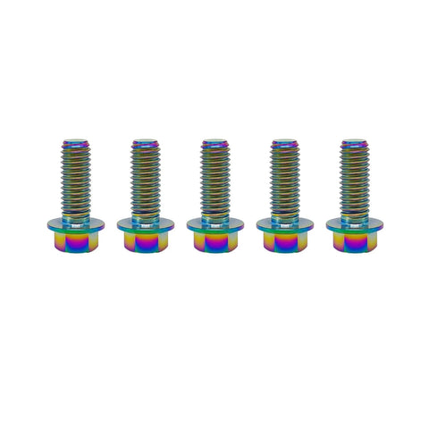 Five rainbow titanium flanged hex bolts, M6x1.0x16mm, Ti-6AL-4V, front view, pack of 5