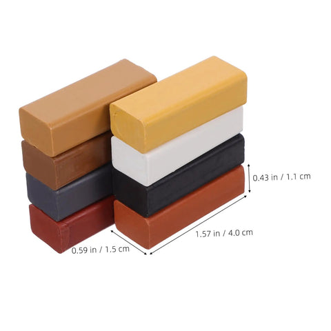 Stack of eight assorted color wax sticks for wood repair, labeled with dimensions, for Eight Pieces Furniture Wax Crayons For Wood Floors And Furniture Repair Quick Scratch Fix Chip Holes Durable Wax Sticks For Easy Touch Ups And Restoration.
