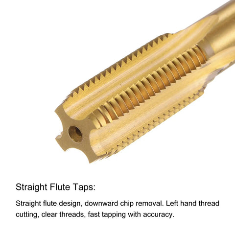 Close-up of a Left Hand M14 X 1.5 Titanium Coated Tapping Tool with 4 Flute M35 Cobalt HSS showcasing straight flute design.