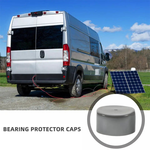 Heavy Duty Rubber Bearing Caps For Trailers Snug Fit Dust Covers 4 Pack 1.98 Inch Hub Protection next to a van and solar panel