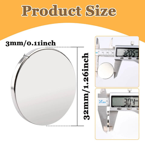 Round silver neodymium disc magnet; 32 mm diameter, 3.2 mm thick; front view with calipers showing measurements.