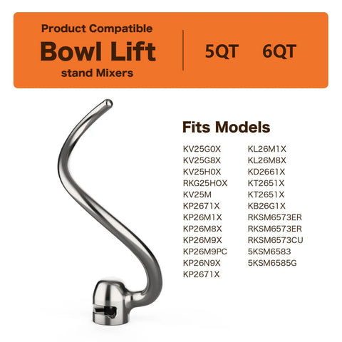 Dough Hook Replacement For 5 Quart And 6 Quart Bowl Lift Stand Mixers Made Of Stainless Steel, shown with compatible model list.