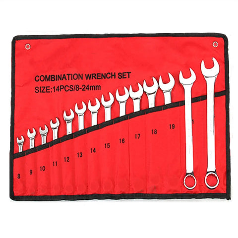 14 Piece Ratchet Wrench And Spanner Set With Fixed Head Handles For Tight Spaces Durable Anti Rust Finish displayed in red case
