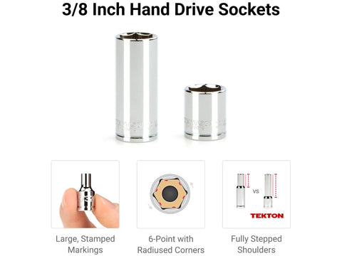 Close-up of 3/8 inch hand drive sockets with features. Part of 74 Piece 3/8 Inch Drive Socket And Ratchet Set With Rails And Trays Includes 1/4 To 1 Inch Standard And Deep 6-Point Inch And Metric Sockets Great For Auto Repairs DIY Projects And Everyday Home Maintenance.