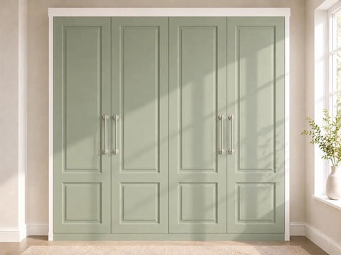 Top Shelf Two Pack Brushed Nickel Bifold Closet Door Knob Backplates Hella Tough Die Cast Zinc Escutcheon Plates on green closet.