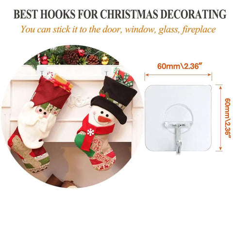 Adhesive Hooks Heavy Duty 15 Lbs Max Reusable Transparent Stick On Wall Hangers For Hanging Towels Robes Keys Bags In Bathroom Kitchen Outdoors 10 Pack No Nails Needed displayed with Christmas stockings on fireplace