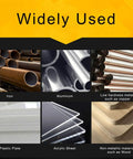 Materials collage showing six items: iron pipes, aluminum tubes, copper rods, plastic plate, acrylic sheets, and wood.
