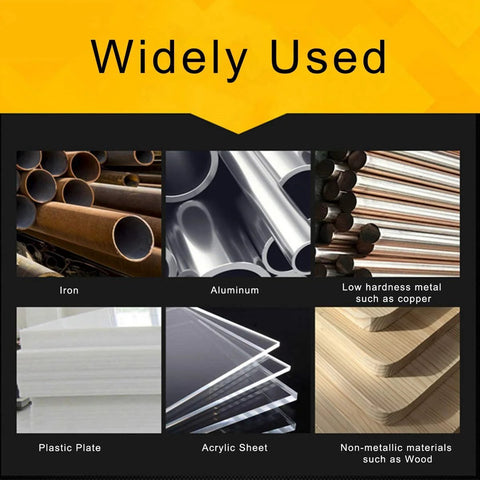 Materials collage showing six items: iron pipes, aluminum tubes, copper rods, plastic plate, acrylic sheets, and wood.