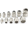 Copper Pneumatic Quick Screw Pipe Fittings Set No Fuss Easy Install, 6 8 10 12mm Tube, arranged in size order
