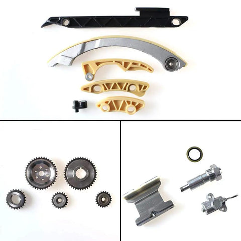 2.4 Ecotec Timing Chain Kit With Tensioner And Guides For 2010 To 2015 Chevy Equinox GMC Terrain Buick Verano Pontiac Saab Saturn 2.0L 2.2L 2.4L Engine Replacement OEM 9 4201S 9 4201SX including tensioner and gears layout on white background