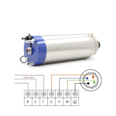 5.5KW Water Cooled Spindle Motor With ER25 Collet Runs From 800Hz To 24000RPM, showing connections and ceramic bearing details.