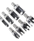 8 Piece Heavy Duty Carbon Steel Wood Plug Cutter Set With Four Tooth Chamfered Bits showing various drill bit sizes and designs.