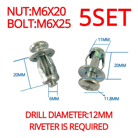 Expansion Petal Rivet Nut Kit M4 M5 M6 For Hollow Wall Mounts And License Plates Durable Carbon Steel Zinc Plated Fasteners For Indoor Outdoor Use Ideal For Auto Motorcycle And RV Body Mounting, 5-set M6 rivet nuts with dimensions shown