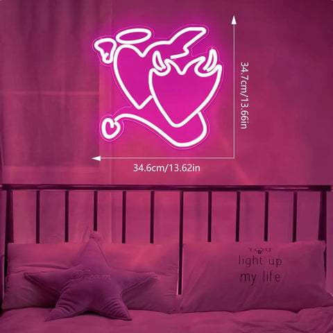 Pink Heart Angel Devil Neon Sign LED Light for Bedroom Wall Decor 14 By 13 Inch over bed with pink pillows