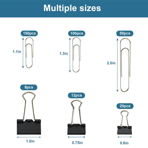 340 Piece Assorted Binder Clips And Jumbo Paper Clips Set Black In A Sturdy Compartment Organizer showcasing various sizes