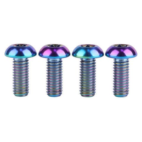 Heavy Duty Badass Grade Five Titanium Fasteners M5 X 12mm T25 Torx Head Bolts And Screws, four colorful screws with rounded heads.