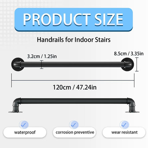 Heavy Duty Industrial Pipe Stair Handrail Black Wall Mount Safety Grab Bar For Indoor Outdoor Steps With Full Mounting Kit Built Tough Matte Black Finish size dimensions and features.