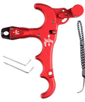 4-Finger Compound Bow Release Trigger With 360 Degree Rotating Thumb Release Aid, Auto Jaw Closure For Easy Arrow Control, Adjustable Trigger Sensitivity To Match Your Shot, Red, shown in close-up.