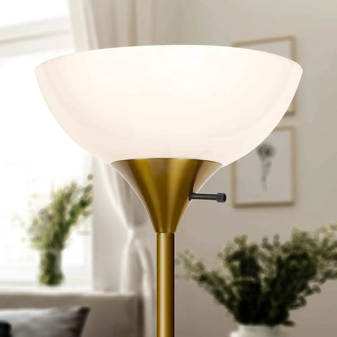 Dimmable LED Floor Lamp With 3000K Warm White Light, torchiere style in brass gold finish, sky dome shape in living room setting.