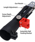 Detailed view of Automatic Chain Nail Gun Adapter showing gun nozzle, length adjustment, screw depth adjustment, and feeding bracket.