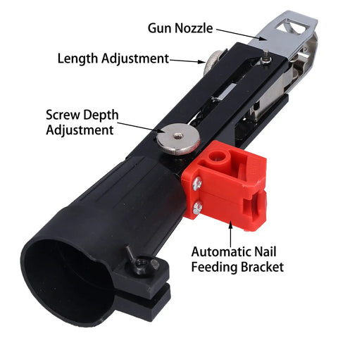 Detailed view of Automatic Chain Nail Gun Adapter showing gun nozzle, length adjustment, screw depth adjustment, and feeding bracket.