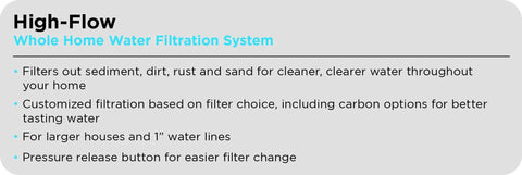 High-Flow Whole Home Water Filtration System features; fits Heavy Duty Universal Large Capacity Whole House Water Filter Housing NSF Certified