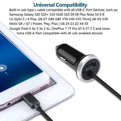 Hella Fast USB C Car Charger For Samsung Galaxy S Series Models And Newer A Lineup Devices Features Dead Serious Charging Speeds For Zero Sweat Commutes with integrated cable and dual USB ports.